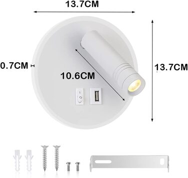 Світлодіодна настінна лампа для читання ERWEY, регульована настінна лампа для ліжка 3 Вт 4000 до 5 Вт 3000 до, настінна лампа з вимикачем і USB-портом для зарядки Ліжка, спальні, (близько 145 мм, білого кольору)
