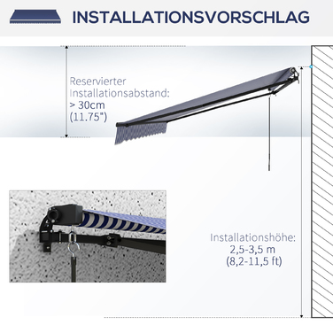 Тент Outsunny Folding Arm з ручною рукояткою, 350 x 300 см, UV30+ Сонцезахисний тент Патіо маркіза з кутом 45-85°, Балконні маркізи з водонепроникним покриттям, Настінне кріплення, Синій+Білий | Аосом