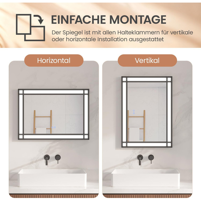 Дзеркало для ванної кімнати AQUABATOS LED з підсвічуванням 50x70 см, імітація вікна, сенсорне регулювання, антизапар, чорний алюмінієвий каркас, індустріальний стиль