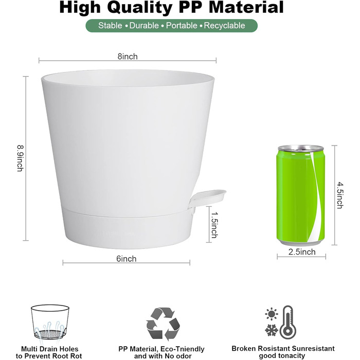 Набір горщиків для квітів 2 шт. 25.4 см та 20.3 см, пластик, з системою поливу, для дому, балкону, саду, сукулентів, кактусів (зелений, білий)