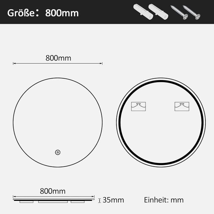 Дзеркало для ванної кімнати Boromal круглої форми 60 см з годинником та підсвічуванням, 3 кольори світла, регулювання яскравості 3000-6500K, 1810LM, LED, сенсорне керування, стилізація Jd