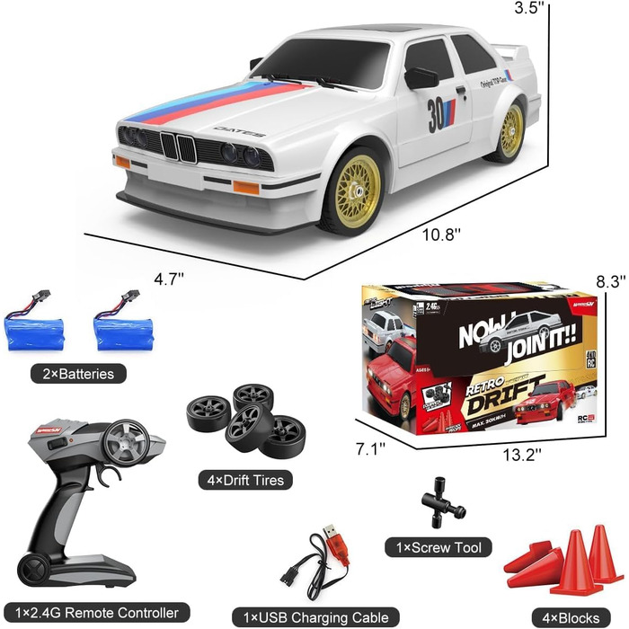 RC Дрифт-кар Mostop 1/16, 2.4GHz, 4WD, 30+ км/год, LED, 2 акумулятори, Білий