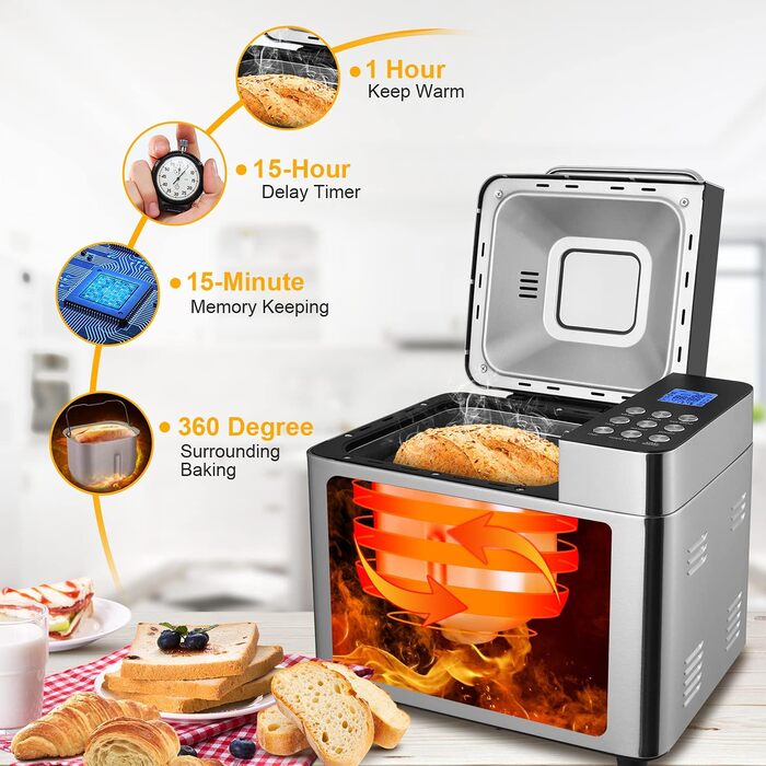 Хлібопічка, автоматична хлібопічка Nictemaw 25 програм, ємність 500 г/750 г/900 г РК-дисплей, програмована для хлібопічки, таймер на 13 годин, для хліба, печива, тіста (1000 Вт)