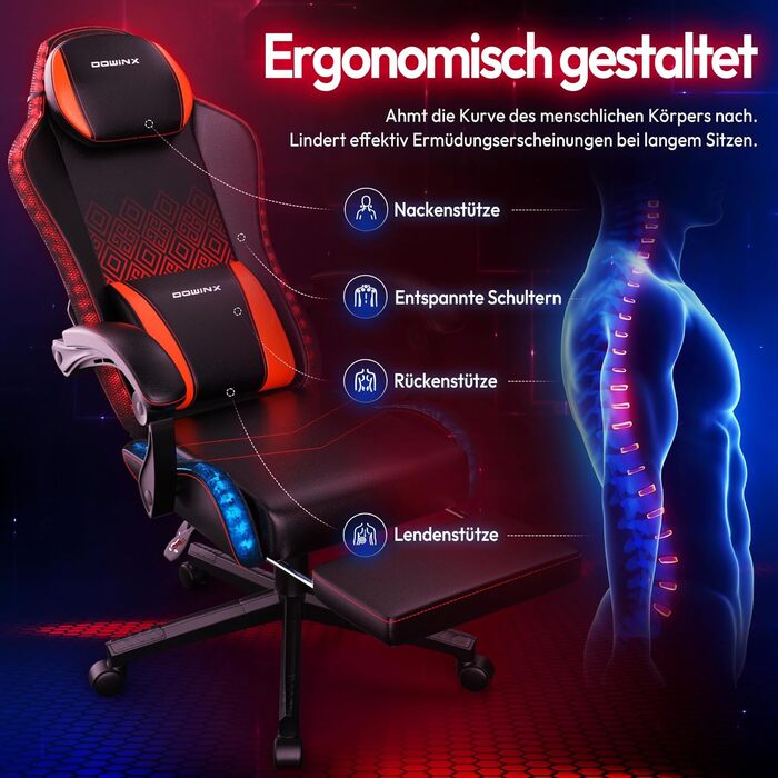 Ігровий крісло Dowinx з RGB підсвічуванням, LED, з підніжкою, для дорослих, ергономічний, з масажем попереку, PU шкіра, білий (червоний)