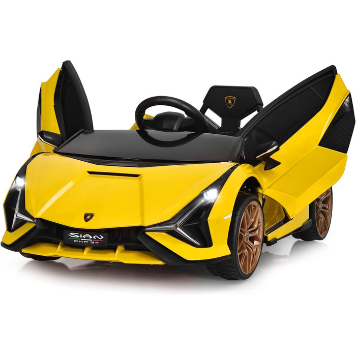 Дитячий електромобіль Lamborghini 12V з пультом, ременем безпеки, світлом, музикою і сигналом, жовтий – електрокар для дітей від 3 років