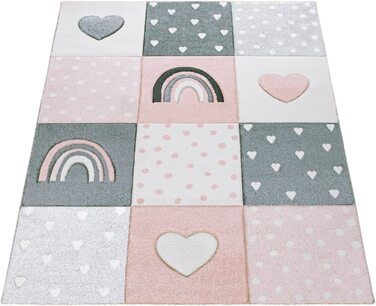 Домашній дитячий килим Paco, килим для дитячої кімнати з коротким ворсом для хлопчиків і дівчаток, райдужні сердечка, рожеві, білі, сірі, Розмір120x170 см (240 см x 340 см)