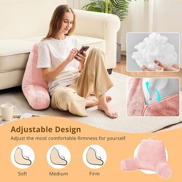 Підкуштунок Sasttie для читання з велюровою спинкою, подушка для підтримки спини для дорослих, з підлокітниками для читання на ліжку, дивані, підлозі, в гуртожитку, аксесуар для читання, персиковий, 18 дюймів, персиковий рожевий