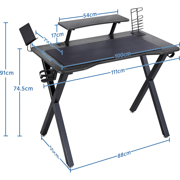 Ігровий стіл Yaheetech, ергономічний стіл для ПК з підсклянником і гачком для навушників, 110x70 см