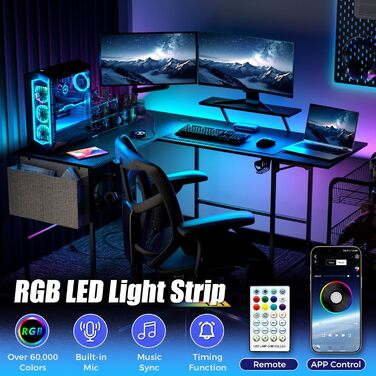 Ігровий стіл VidaTeco з LED-підсвіткою, кутовий стіл L-подібної форми, 120-150 см, з розеткою, органайзером, підставкою для монітора, білий (чорний)