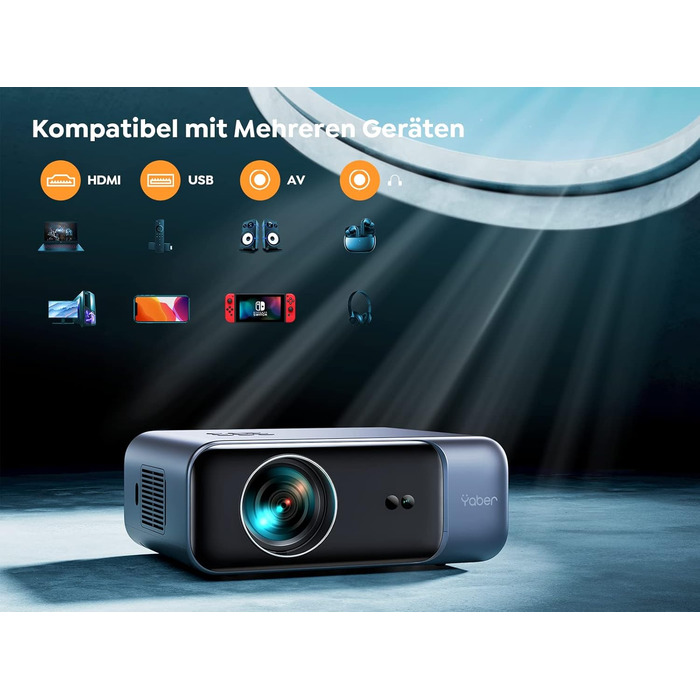 YABER LED проєктор 4K: 1080P Full HD, WiFi6, Bluetooth, автофокус, корекція трапеції. Підтримка PS5, смартфонів, ТВ приставок для домашнього кінотеатру та відпочинку на природі