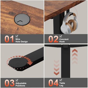 Електричний стіл 140x60 см Vintage Braun: регульована висота, комп'ютерний, без швів