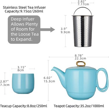 Порцеляновий чайник з ситовою вставкою, керамічний чайний сервіз з спіральною ручкою для розсипного чаю, 1000 мл розкішний чорний гладкий керамічний чайник із золотим оздобленням для подарунків (08-синій чайник / 4 чашки)