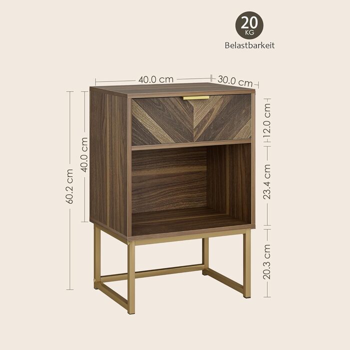 Приліжкова тумбочка з відкритим відділенням, журнальний столик для вітальні та спальні (горіх, 40 x 30 x 60 см)