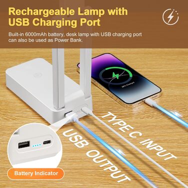 Акумуляторна LED-лампа настільна дитяча, 6000mAh, 3 кольори, регулювання яскравості, складана, портативна, з таймером, для читання, кемпінгу, біла