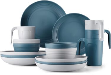 Набір посуду Odoland на 4 особи, 17 предметів: тарілки, миски, чашки (пластик, блакитний/сірий)