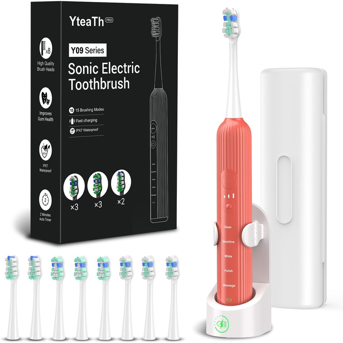 Електрична зубна щітка звукового типу для дорослих та дітей Rosenrot, 5 режимів, 3 інтенсивності, таймер, 8 насадок, етитуй