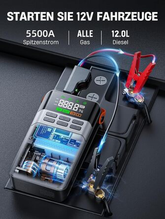 Портативний пусковий пристрій ANFLAG 5500A з компресором 150PSI, LCD-екраном та LED-ліхтариком (сірий)