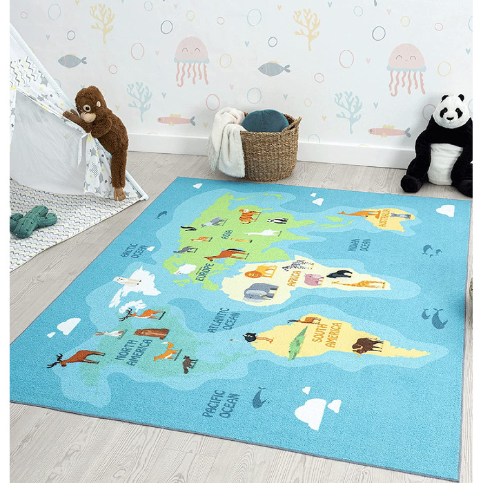 Дитячий килим щасливе життя, дитячий килим, килимок для ігор, що миється, Карта світу, Земля, Тварини, (240 х 340 см, синій)