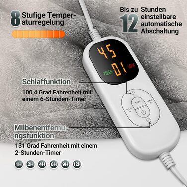 Електрична ковдра з автовимкненням 130x180 см, 8 режимів нагріву, таймер 12 годин, пральна машина, флісова ковдра для ліжка, дивана, офісу (темно-сірий)