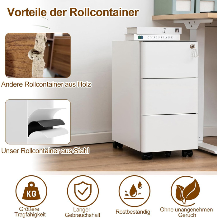 Роликовий контейнер HOMSTEEL з замком, 3 висувні ящики, стіл для принтера, білий, 46x30x54 см