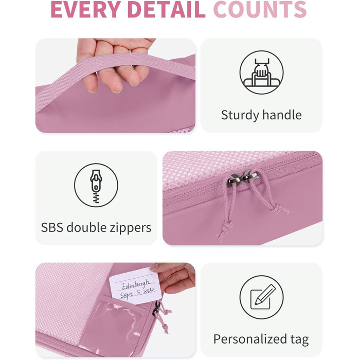 Набір органайзерів для валізи ECOHUB, 6 шт. — Подорожні сумки-кубики з ID-тегами, дихаючі легкі органайзери для одягу та рюкзака з перероблених матеріалів (Темно-рожевий)