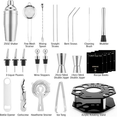Коктейльний набір з 21 предмета з поворотною підставкою та аксесуарами Шейкер з нержавіючої сталі Подарункова коробка Срібло