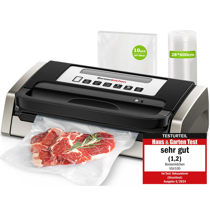 Вакууматор Bonsenkitchen для продуктів, потужний вакуумний пакувальник (15л/хв) з вбудованим різаком та ручкою-фіксатором, чорний
