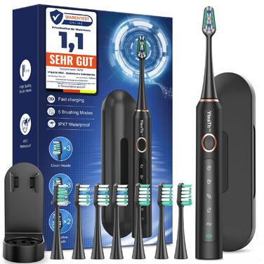 Електрична зубна щітка для дорослих і дітей - звукова, 8 насадок (3 типи), 90 днів роботи, 5 режимів, 50000VPM, кейс для подорожей, таймер, чорна