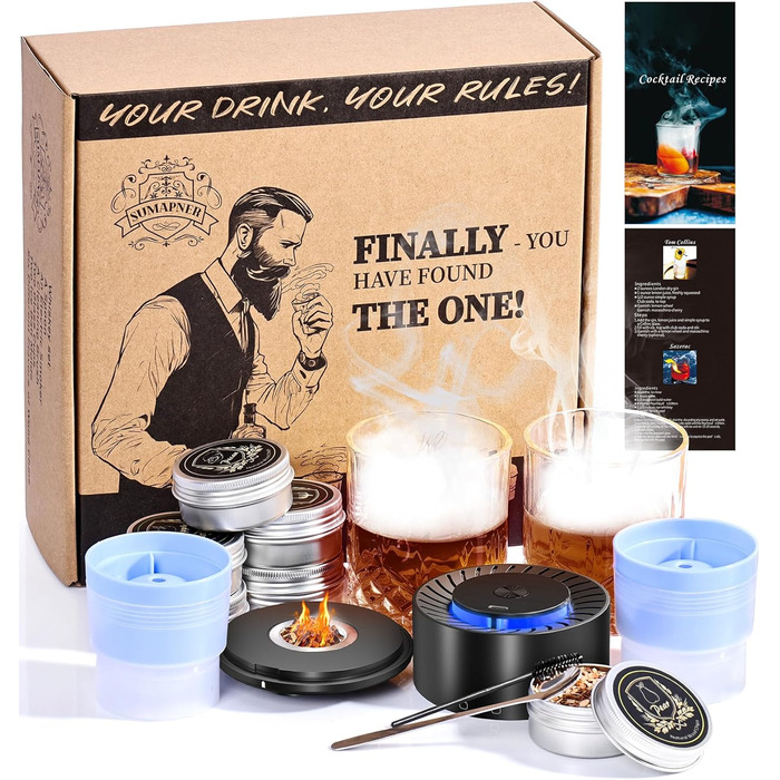 Набір для копчення коктейлів віскі: 6 смаків тирси, 2 склянки, форми для льоду, для віскі Old Fashioned, подарунок для чоловіків