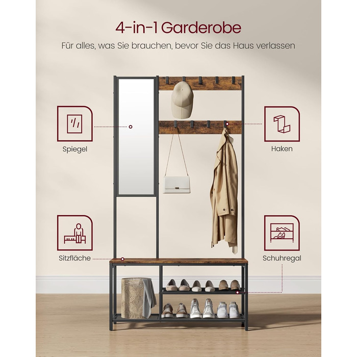 Стійка для одягу VASAGLE з дзеркалом та банкеткою, 35 x 98 x 180 см, для передпокою, спальні, вітальні, індустріальний дизайн, вінтажний колір, HSR415B01
