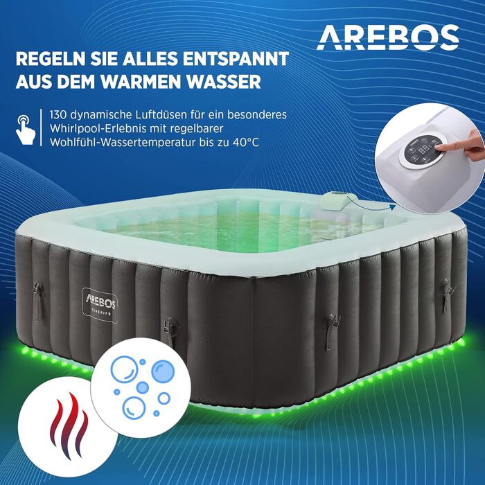 Надувний гідромасажний басейн-спа Arebos Spa Whirlpool 2400 Вт для 6 осіб, 185x185 см, 130 масажних форсунок, LED-підсвітка, 910 л, з кришкою