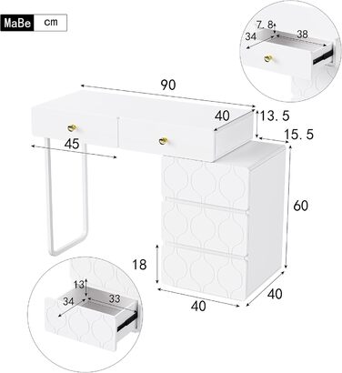 Туалетний столик Merax з LED дзеркалом, білий, 3 ящики, 1 дверцята, W100/H75/D40 см (без табурета)