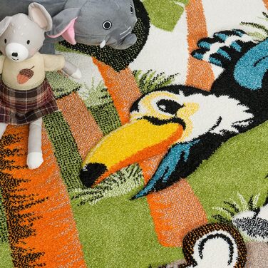Дитяча дитяча кімната Дитячий килим для хлопчика Дівчинка Ігровий килим Тваринний мотив Джунглі Пальми Візерунок Зелений Сірий Жовтий, Розмір 80x150 см (квадрат 133 см)