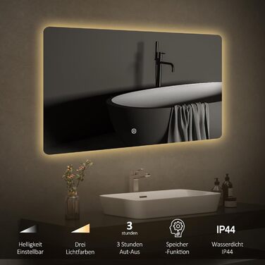 LED дзеркало для ванної кімнати EMKE 100x60 см з підсвічуванням та сенсорним вимикачем, 3 кольори світла, регулювання яскравості, таймер автоматичного вимкнення