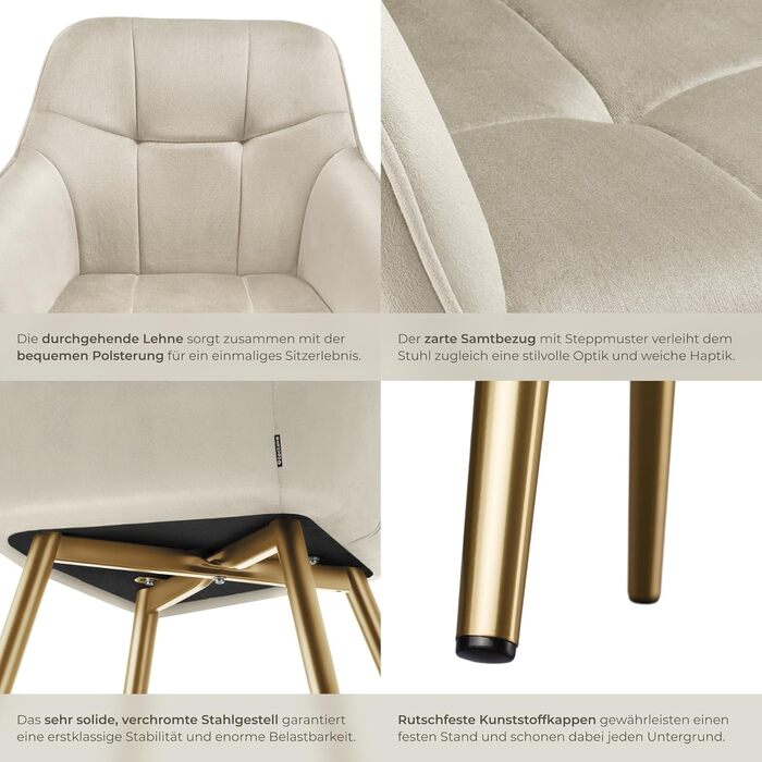 Тумба tectake® з велюру, 6 шт. у наборі, кремового кольору з золотим, для вітальні та їдальні