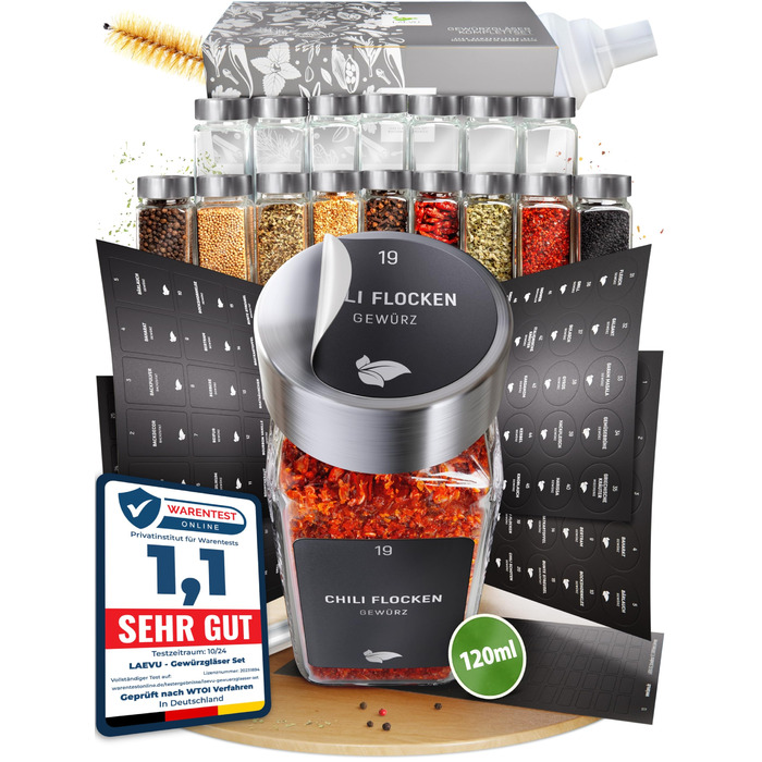 Набір скляних баночок для спецій, 24 шт. по 120 мл, нержавіюча сталь, з етикетками та воронками