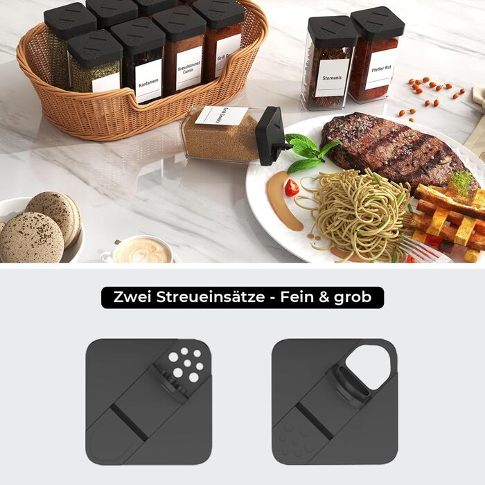 Набір баночок для спецій кутовий 12 шт. 120 мл з кришкою, чорний, з дозатором та 120 етикетками