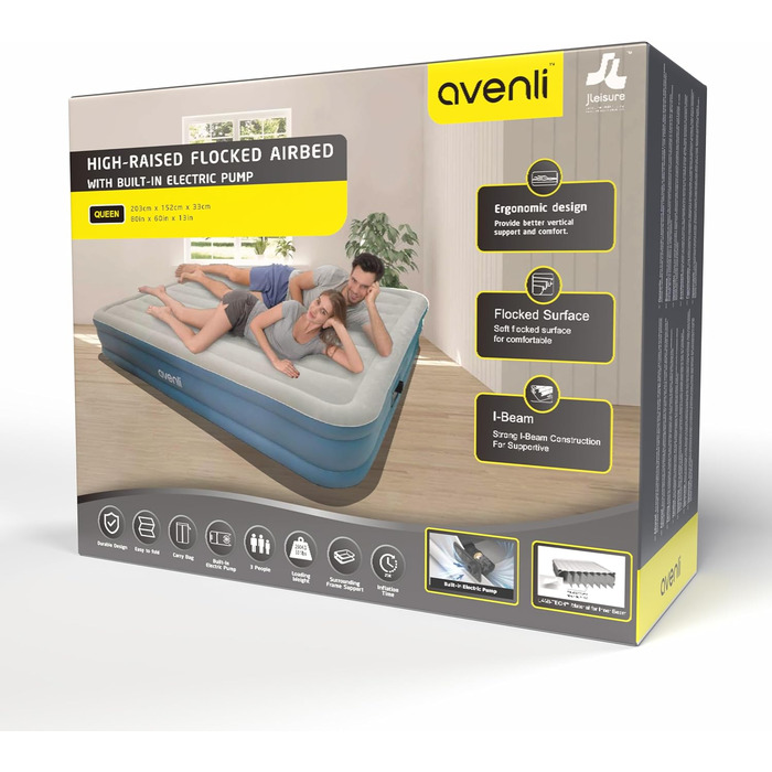 Надувний матрац Avenli для 2 осіб 203x152x33 см з вбудованим насосом - самонадувний, флоксовий, для кемпінгу та дому