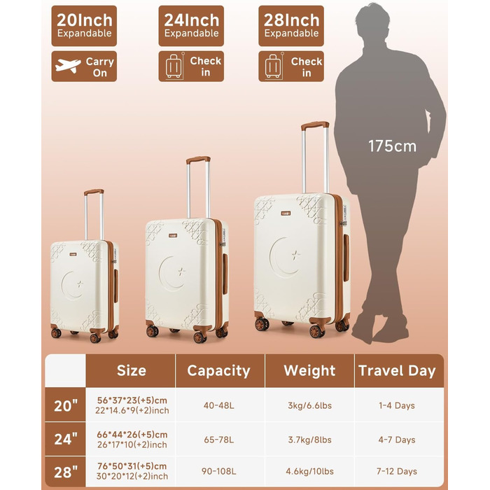 Набір валіз Sea Choice 3 шт. з жорстким корпусом, розширюваний, легкий, з TSA замком, бежевий