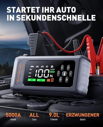 Портативний пусковий пристрій 5000A з компресором 150PSI, 12V, для автомобілів, з ліхтариком, рукавичками
