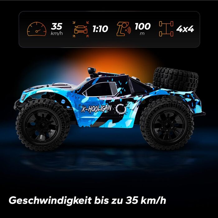 Overmax Hooligan RC 1:10 - Повнопривідний радіокерований автомобіль 35 км/год, 100 м, 2x1800 mAh, IPX5, LED, Металевий привід