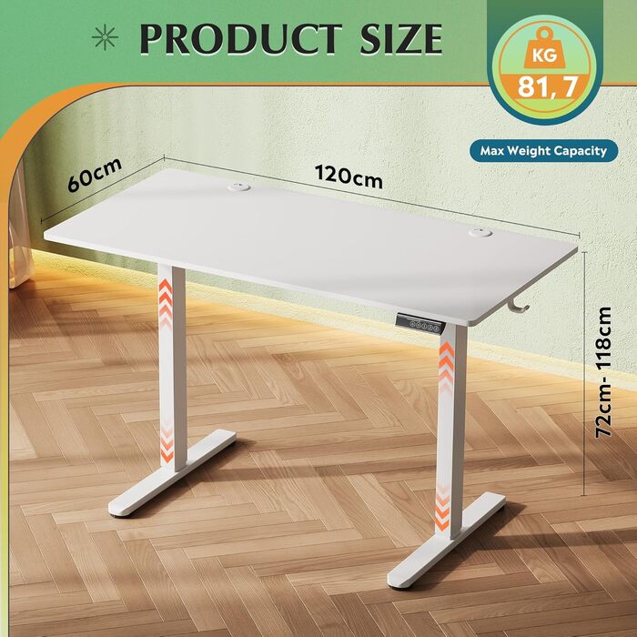 Регульований стіл Devaise 100x60 см з однією стільницею та тихим мотором, стіл для стояння та сидіння з функцією пам'яті на 3 положення, ергономічний комп'ютерний стіл для офісу, білий (120x60 см, білий)