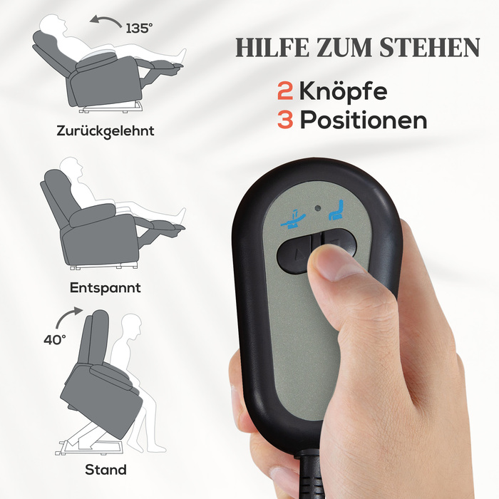 Електричне крісло-релакс з підйомним механізмом, пультом дистанційного керування, м'яким пінополіуретаном, бічною кишенею, оббивкою з текстурою льону, сірого кольору.