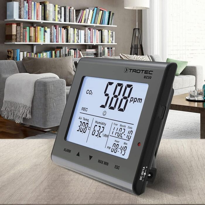 Вимірювач CO2 Trotec BZ30 – Монітор якості повітря, вологості та температури. Діапазон вимірювання 0-9999 ppm, похибка ±75 ppm + 5%, даталогер на 50000 значень з пам'яттю даних