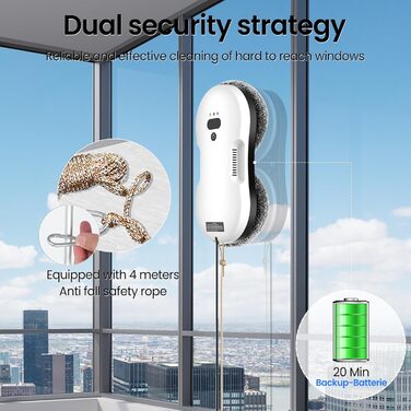 Робот для миття вікон з автоматичним струменем води, 5600 Па, автоматичний мийник вікон, інтелектуальна навігація, пульт дистанційного керування, для гладких поверхонь, з 10 ганчірками для миття (E 2800pa)