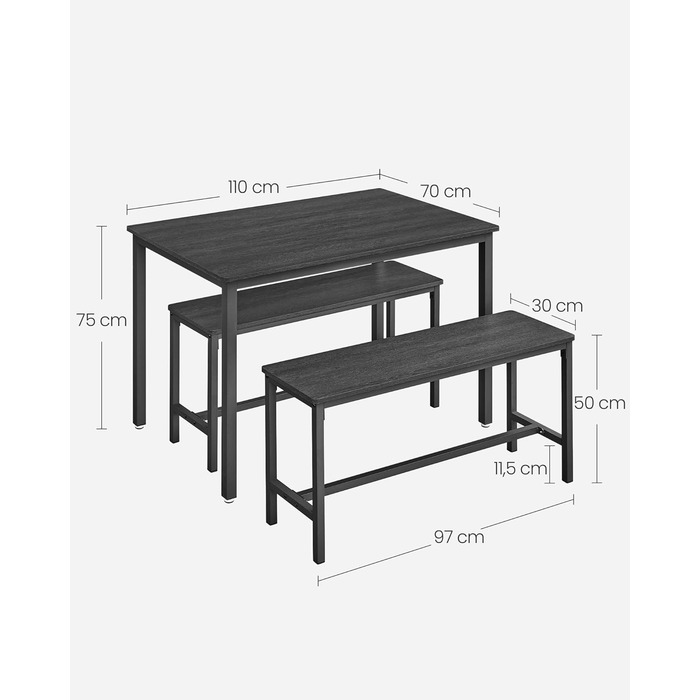 Набір обідніх столів VASAGLE, 3 шт. и, кухонний стіл 70x110x75 см, 2 лавки 30x97x50 см, сталь, вінтажний коричнево-чорний