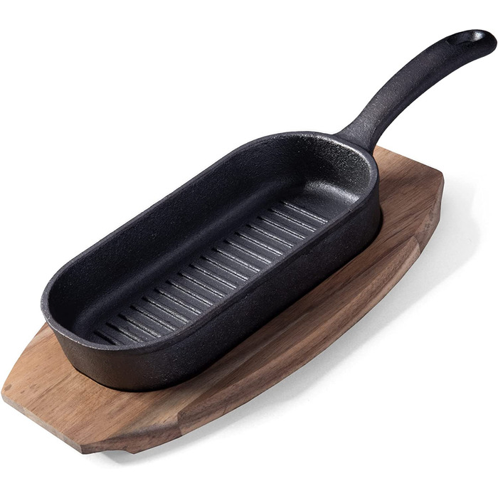 Чавунна сковорода з практичною дерев'яною підставкою Овальна сковорода-гриль з чавуну в тон наступного барбекю Для подачі овочів і сиру Овальна ручка сковороди
