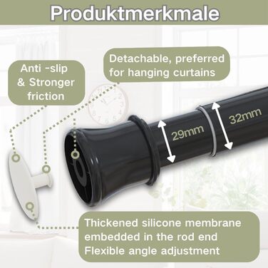 Телескопічний карниз для штор без свердління та гвинтів, розсувна штанга для ванної кімнати, гардероба та DIY-проєктів, 190-410 см, діаметр 32 мм, чорний