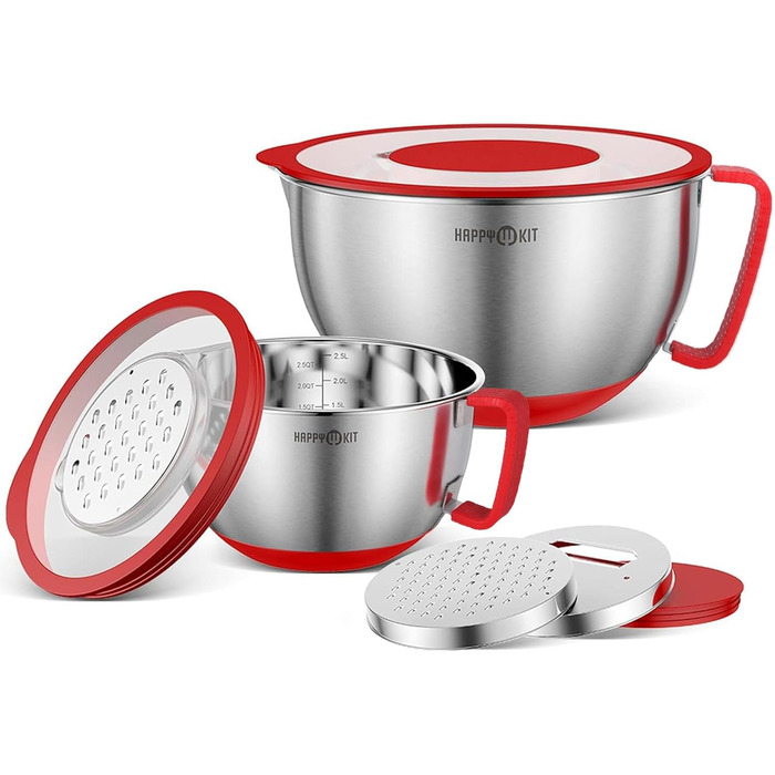 Набір мисок для перемішування HAPPY KIT з кришкою, 18/8 нержавіюча сталь, з виливом, протиковзкий, з 3 тертками, мірними позначками, розмір 5, 3QT (чорний), 2 шт.