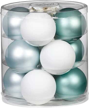 Чарівні ялинкові кулі скляні 8 см 12 шт. ялинкові кулі колір просто білий-суміш (білий) (Скандинавська подорож (Світло-блакитний білий ))
